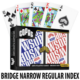 Copag WSOP 2025 Main Event 100% Plastic Playing Cards - Narrow Size (Bridge) Regular Index Red/Blue- Double Deck
