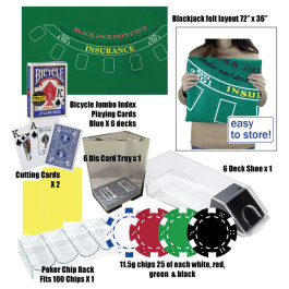 Ultimate Blackjack Kit with Poker Chips, Felt Layout, 6 Deck Blackjack Shoe, 6 Decks of Jumbo Index Bicycle Playing Cards and Much More.