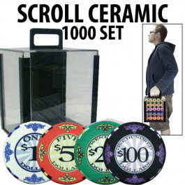 Scroll Ceramic Poker Chip Set 1000 with Acrylic Carrier and Racks