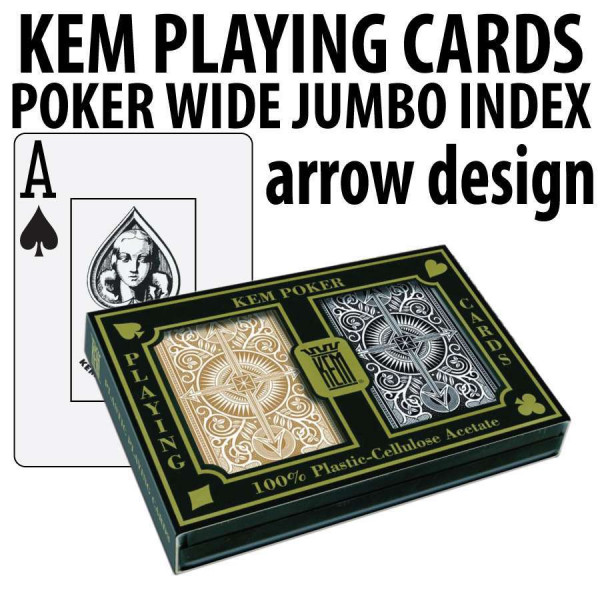 Wide Jumbo Index KEM Arrow Poker Size Playing Cards 2 deck set Black and Gold 