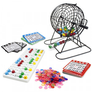 Bingo Game Set Deluxe JUMBO  9-Inch Bingo Game with Colored Balls, 500 Bingo Chips and 100 Bingo Cards