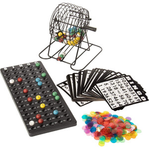 Bingo Game Set Deluxe 6-Inch Bingo Game with Colored Balls, 300 Bingo Chips and 50 Bingo Cards