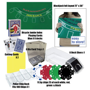 Ultimate Blackjack Kit with Poker Chips, Felt Layout, 6 Deck Blackjack Shoe, 6 Decks of Jumbo Index Bicycle Playing Cards and Much More.