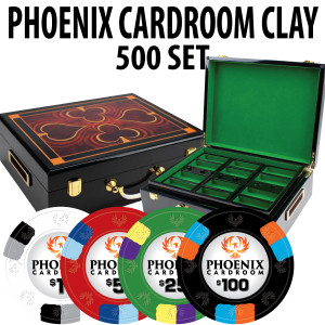 Phoenix Cardroom Clay 500 Poker Chips W/ Hi-Gloss Wood Case