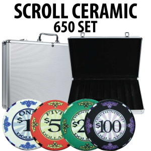 Scroll Ceramic Poker Chip Set 650 with Aluminum Case 