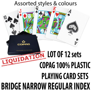 Copag 100% Plastic Playing Cards – 12 Double Deck Sets (24 Decks Total)  Assorted Styles Factory Sealed Cards, No Retail Packaging – Bridge Sizes Regular Index
