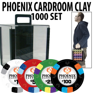 Phoenix Cardroom Clay 1000 Poker Chips W/ Acrylic Carrier and 10 x 68mm Racks