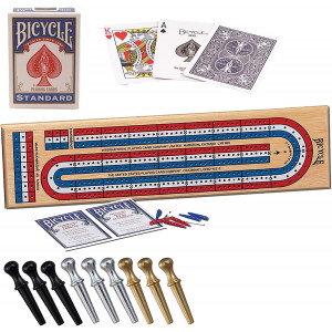 3-Track Colour Coded Real Pine Wood Cribbage Game with Deck of Bicycle Cards and Premium Metal Cribbage Pegs