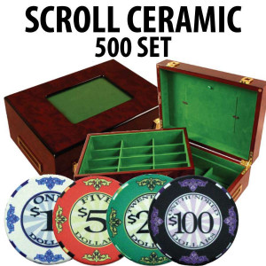 Scroll Ceramic Poker Chip Set 500 with Customizable Wood Case