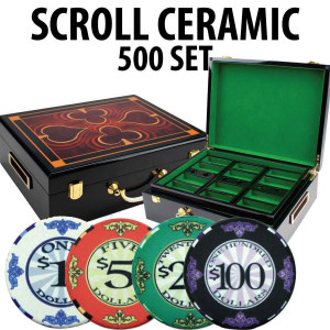 Scroll Ceramic Poker Chip Set 500 with Hi Gloss Wood Case