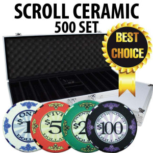 Scroll Ceramic Poker Chip set 500 piece with Aluminum Case