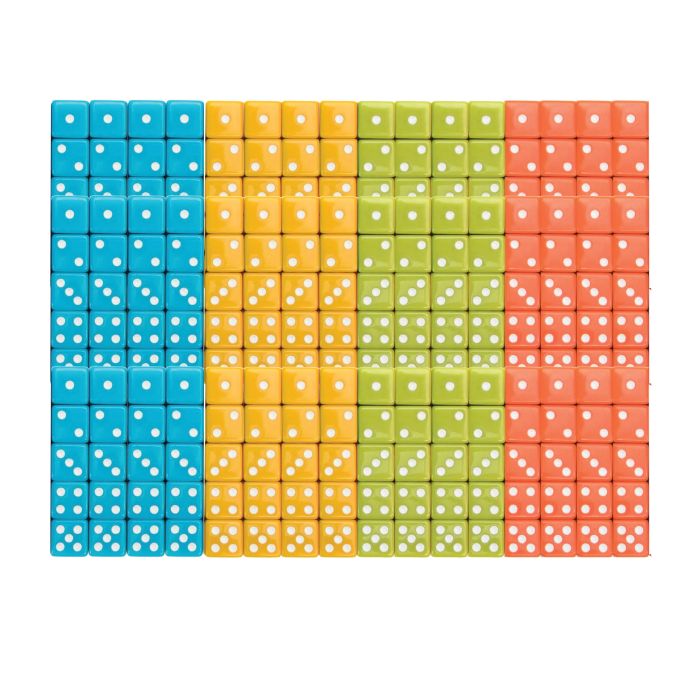 200 Pieces 6 Sided Bulk Dice. 16mm Square Corner Dice Multi-Coloured Green, Orange, Blue and Yellow