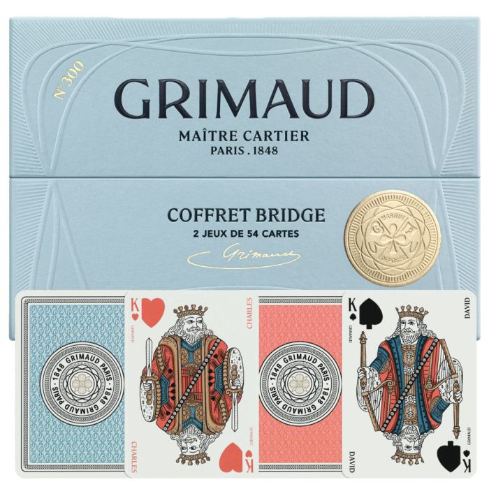 Grimaud Playing Cards Pack°300 : 2 decks of 54 cards, designed for bridge and poker, with dolphin blue and coral red card back