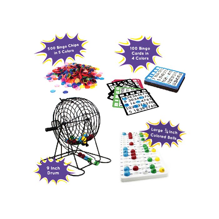 Bingo Game Set Deluxe JUMBO  9-Inch Bingo Game with Colored Balls, 500 Bingo Chips and 100 Bingo Cards