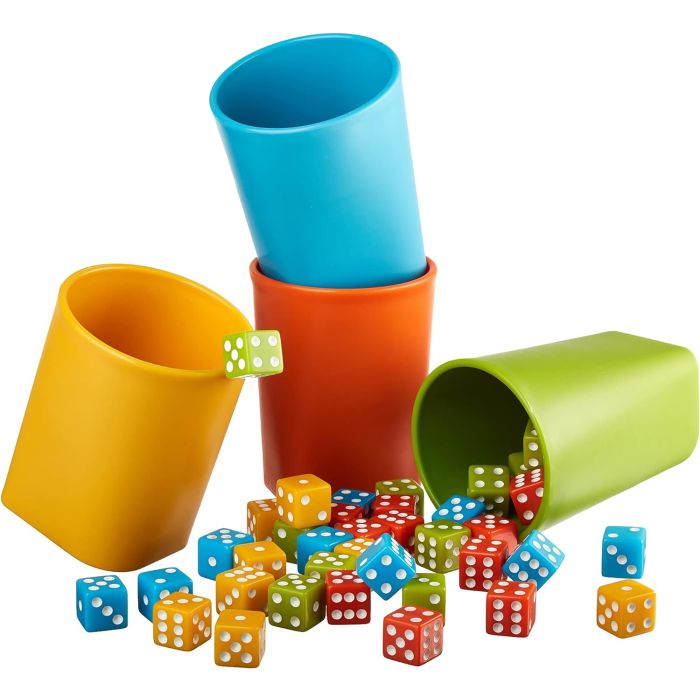 Farkle Family Dice Game Bonus Kit with 4 Stylish Multi-Coloured Dice Cups and 40 Matching Vibrant Coloured Bulk Dice