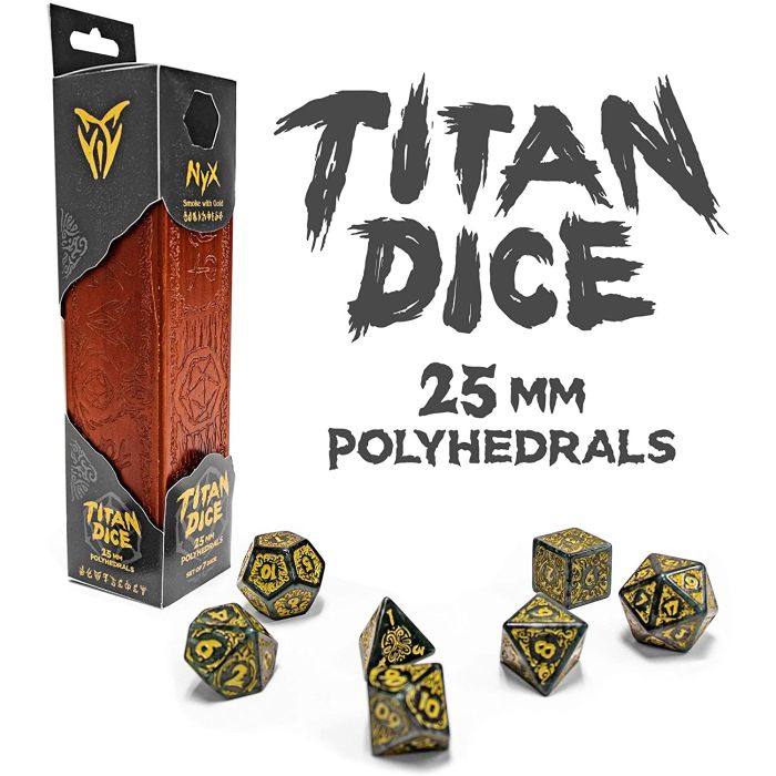 Wiz Dice : Nyx Titan Dice Jumbo Giant Engraved 25mm Polyhedral Dice Set | Engraved Wood Box | Includes 7 Polyhedrals