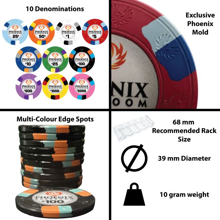 Phoenix Cardroom Clay 500 Poker Chips with Aluminum Case