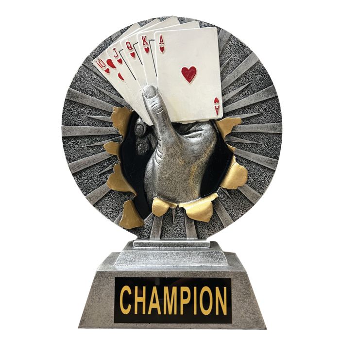 Large Round 9-Inch Poker Trophy – Hand-Painted Royal Flush Bursting out.  Texas Hold'em Champion Award | Premium Resin Poker Hand Design