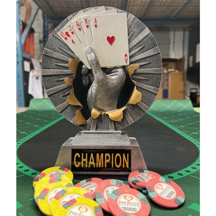 Large Round 9-Inch Poker Trophy – Hand-Painted Royal Flush Bursting out.  Texas Hold'em Champion Award | Premium Resin Poker Hand Design