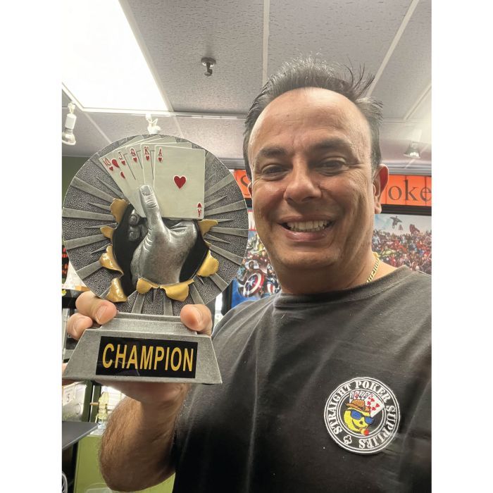 Large Round 9-Inch Poker Trophy – Hand-Painted Royal Flush Bursting out.  Texas Hold'em Champion Award | Premium Resin Poker Hand Design