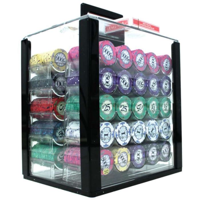 Scroll Ceramic Poker Chip Set 1000 with Acrylic Carrier and Racks