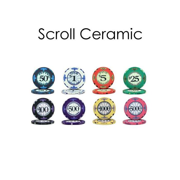Scroll Ceramic Poker Chip Set 1000 with Acrylic Carrier and Racks