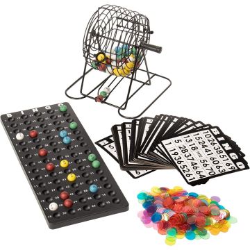 Bingo Game Set Deluxe 6-Inch Bingo Game with Colored Balls, 300 Bingo Chips and 50 Bingo Cards