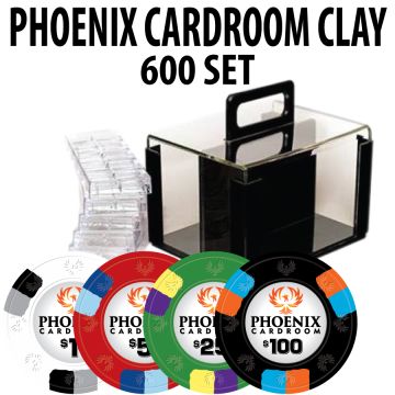 Phoenix Cardroom Clay 600 Poker Chips W/ Acrylic Carrier and 6 Racks